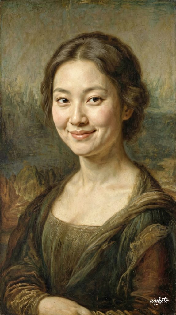 一位面带神秘微笑的女性肖像,文艺复兴油画风格,柔和的晕涂法,柔和的大地色调,古典构图,高细节,杰作