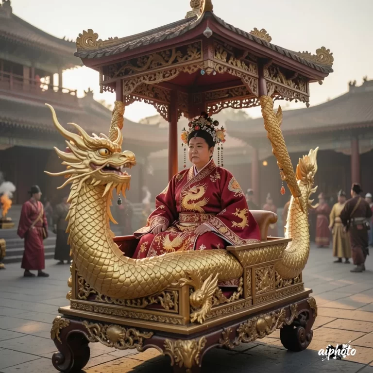 慈禧太后庄严地坐在华丽的金色龙撵上，身着清朝传统服饰，神情肃穆，宏大的仪仗氛围，电影级光影，8k分辨率，写实风格