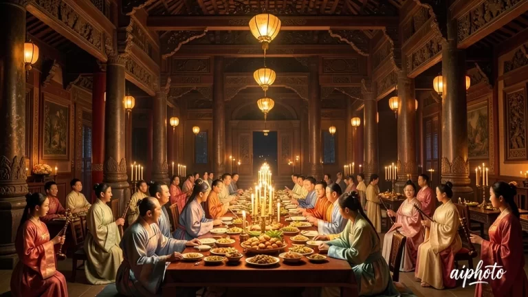 宏伟的古代宫殿夜宴，奢华氛围，无数蜡烛和灯笼的金光，身着传统汉服的优雅宾客在用餐和演奏音乐，宫殿建筑的精致细节，暖色调，电影构图，高分辨率，写实风格