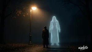 一个人的夜静悄悄 路灯幽篁 前面 好像出现了一个鬼魂 画成图片