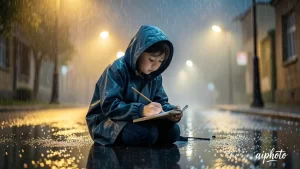 寂静的雨夜 一个小女孩蹲在路边 画出来