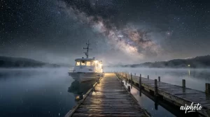 星空下的宁静渡口，浩瀚银河倒映在平静的水面上，柔和月光照亮木质码头，薄雾氛围，电影级光影，高细节，8K分辨率