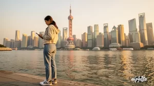 一位年轻女孩站在上海黄浦江边，手持手机拍照，穿着时尚休闲装，背景是标志性的上海天际线，包括东方明珠塔和陆家嘴金融区，黄金时刻的光线，电影感构图，高细节，8K分辨率，照片级真实