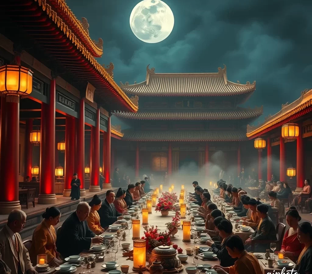 中国古代宫殿盛大夜宴，宏伟建筑红柱金瓦，灯笼温暖发光，身着传统汉服的优雅贵族正在用餐，精致的餐桌摆设与瓷器银器，月光投下柔和阴影，氛围朦胧，电影级光影，高度细节，8K分辨率